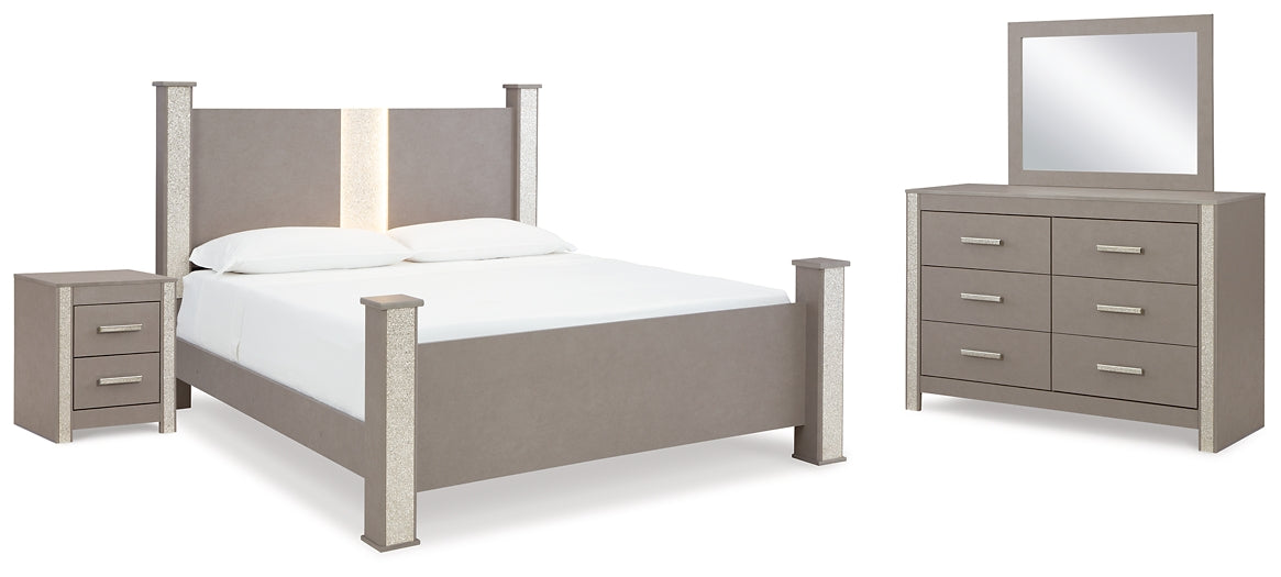 Surancha  Poster Bed With Mirrored Dresser, Chest And Nightstand