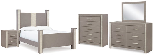 Surancha  Poster Bed With Mirrored Dresser, Chest And Nightstand