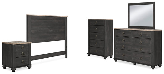 Nanforth  Panel Headboard With Mirrored Dresser, Chest And Nightstand