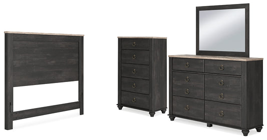 Nanforth  Panel Headboard With Mirrored Dresser And Chest