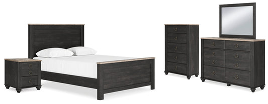 Nanforth  Panel Bed With Mirrored Dresser, Chest And Nightstand