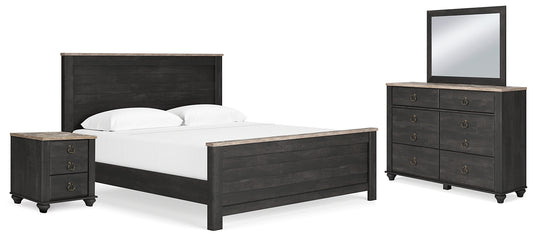 Nanforth  Panel Bed With Mirrored Dresser And Nightstand