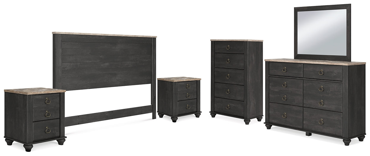 Nanforth /California King Panel Headboard With Mirrored Dresser, Chest And 2 Nightstands