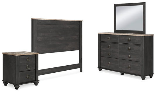 Nanforth  Panel Headboard With Mirrored Dresser And Nightstand