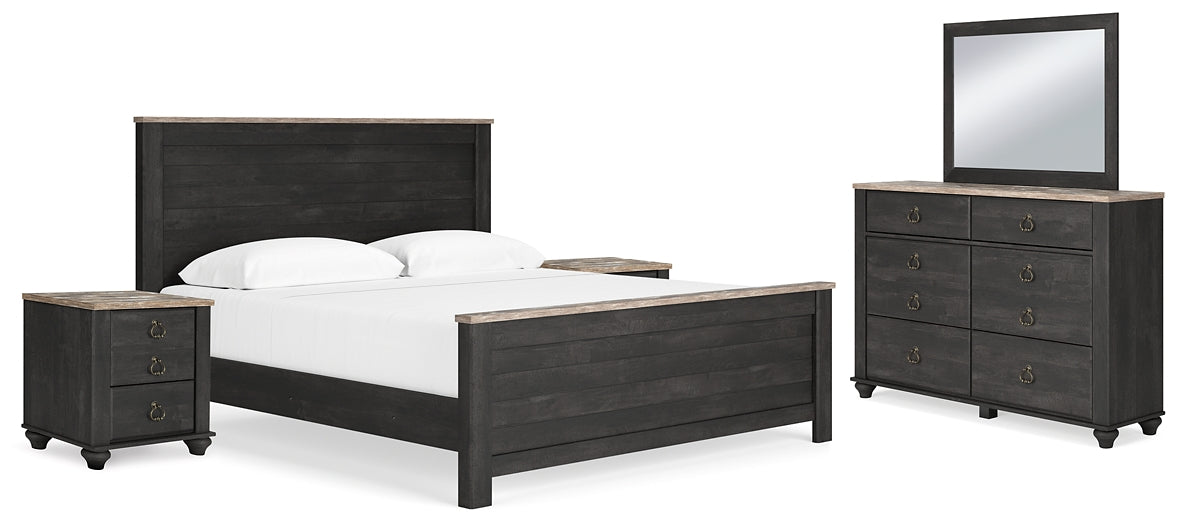 Nanforth  Panel Bed With Mirrored Dresser And 2 Nightstands