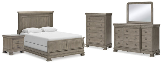 Lexorne  Sleigh Bed With Mirrored Dresser, Chest And Nightstand