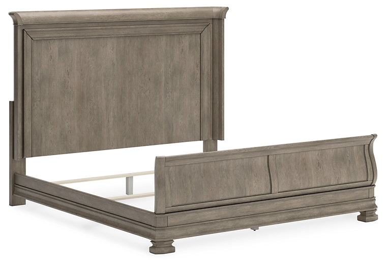 Lexorne  Sleigh Bed With Mirrored Dresser, Chest And Nightstand