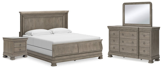 Lexorne  Sleigh Bed With Mirrored Dresser And Nightstand