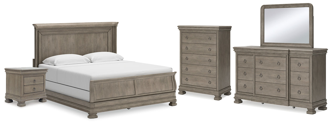 Lexorne California  Sleigh Bed With Mirrored Dresser, Chest And Nightstand