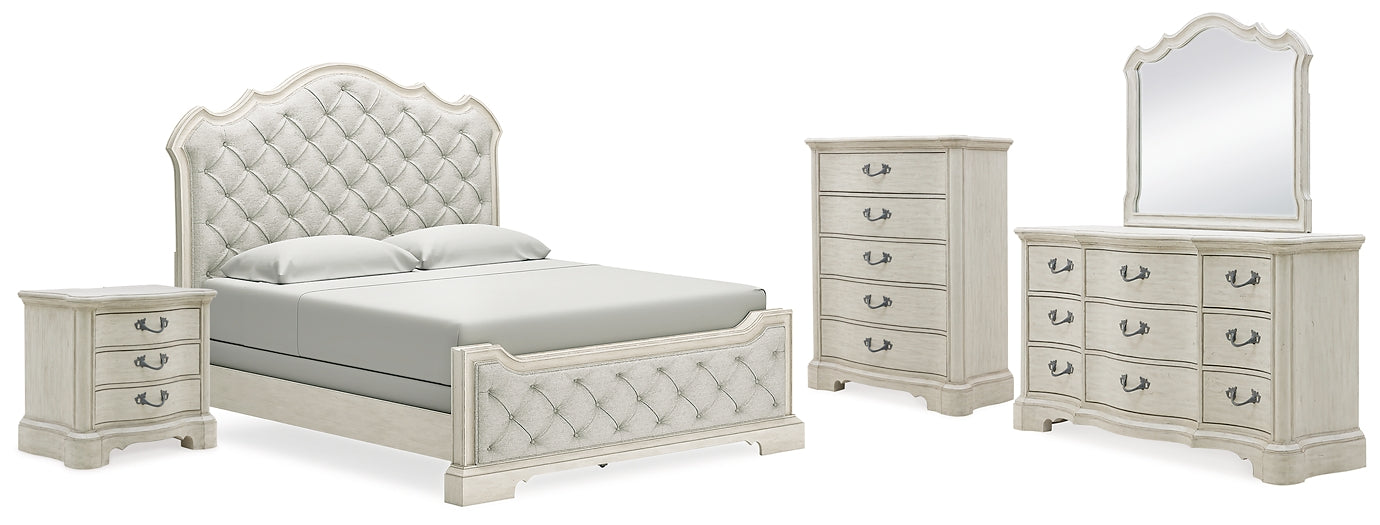 Arlendyne California  Upholstered Bed With Mirrored Dresser, Chest And Nightstand