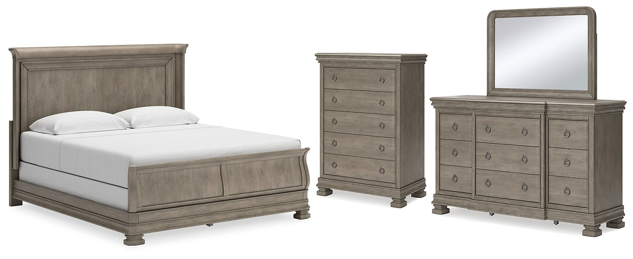 Lexorne California  Sleigh Bed With Mirrored Dresser And Chest