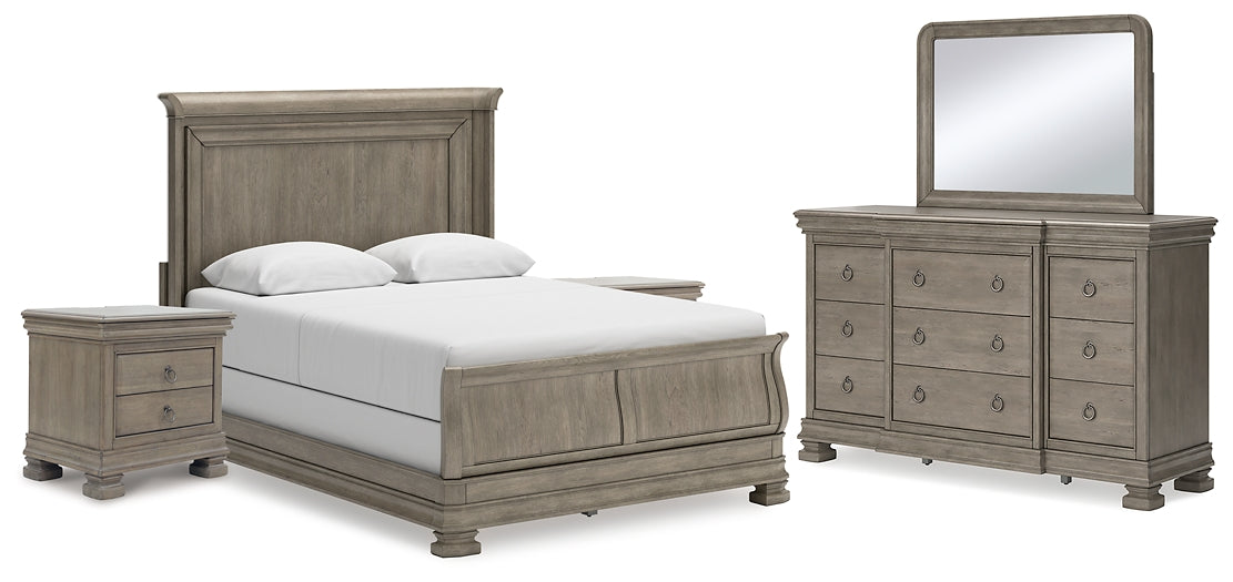 Lexorne  Sleigh Bed With Mirrored Dresser And 2 Nightstands