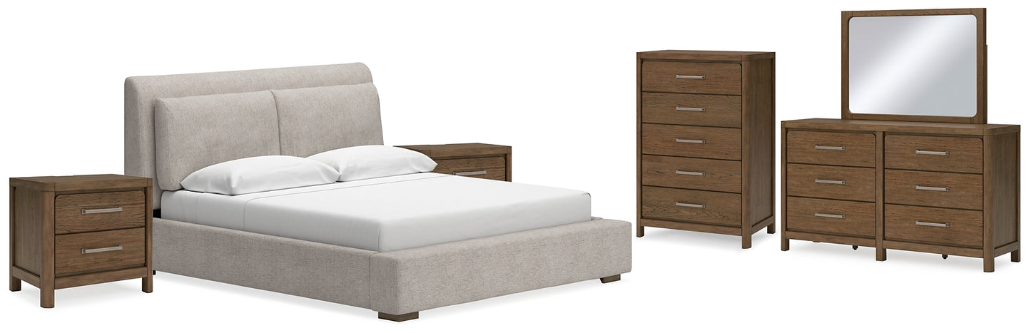 Cabalynn California  Upholstered Bed With Mirrored Dresser, Chest And 2 Nightstands