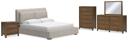 Cabalynn California  Upholstered Bed With Mirrored Dresser, Chest And Nightstand