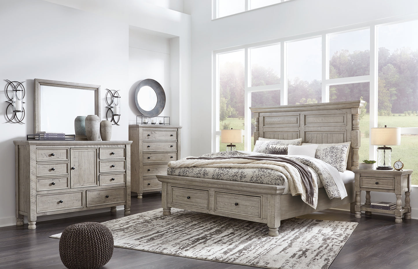 Harrastone  Panel Bed With Mirrored Dresser, Chest And 2 Nightstands