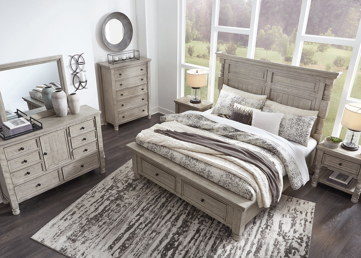 Harrastone  Panel Bed With Mirrored Dresser, Chest And 2 Nightstands